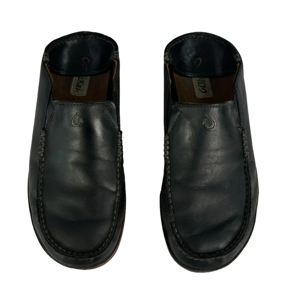 Olukai Maloa Loafers Mens 9.5 Black Leather Back Drop Heels‎ Shoes